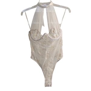 Fashion Nova White Sheer Floral Embroidered Bodysuit Bridal Thong Underwire